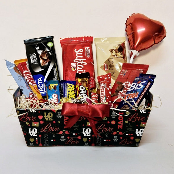 Affectionate Basket with Chocolates and Heart Balloon