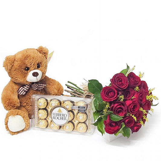 Bouquet of 18 Red Roses, Chocolates and Plush Toy