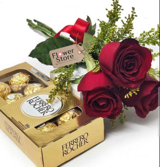 Bouquet of 3 Red Roses and Chocolates