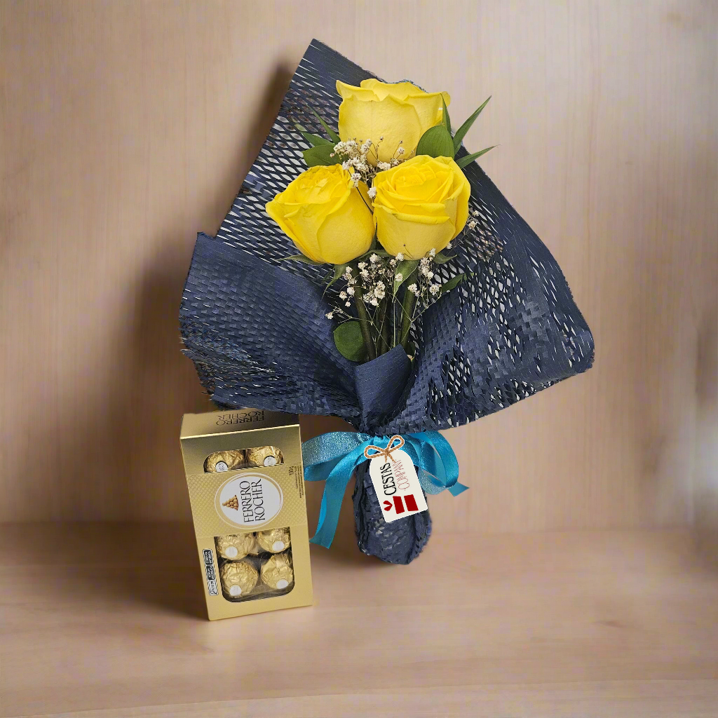 Buquê Trio de Rosas Colombianas Yellow and Blue