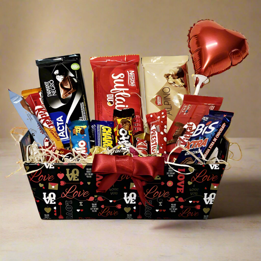 Affectionate Basket with Chocolates and Heart Balloon