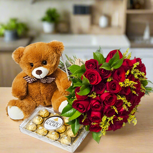 Bouquet of 30 Roses with Ferrero and Teddy Bear