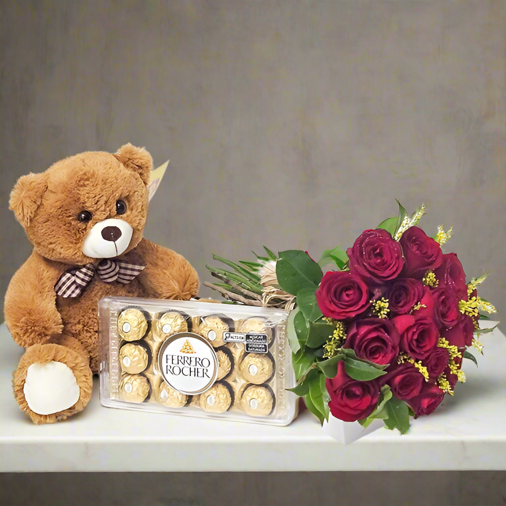 Bouquet of 18 Red Roses, Chocolates and Plush Toy
