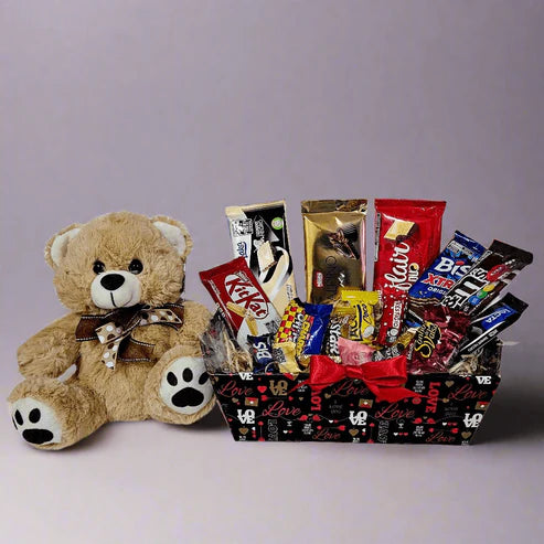Affectionate Basket with Chocolates and Teddy Bear